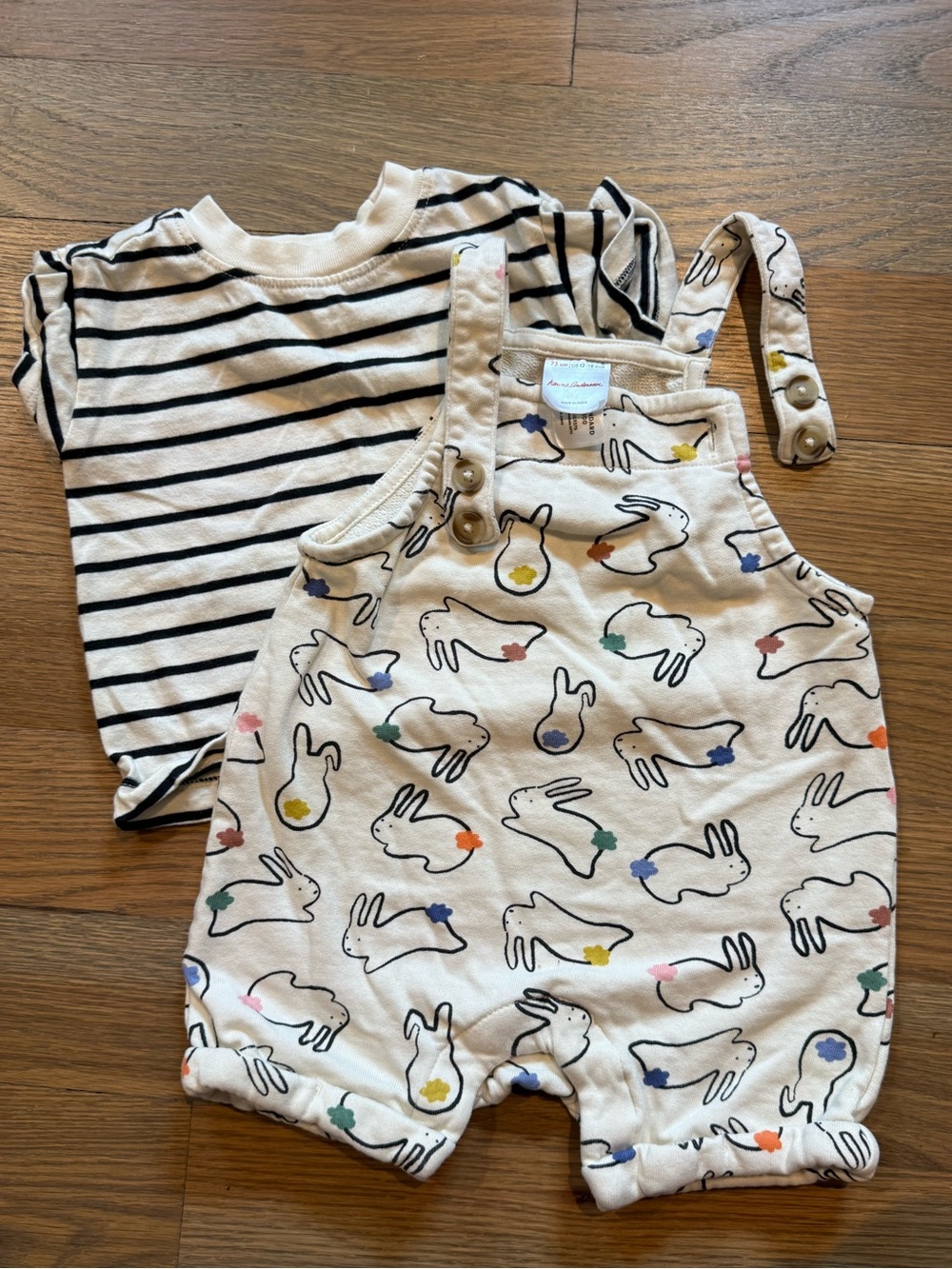 Hanna Andersson Cream Bunny Print Romper with Black Stripe Tee